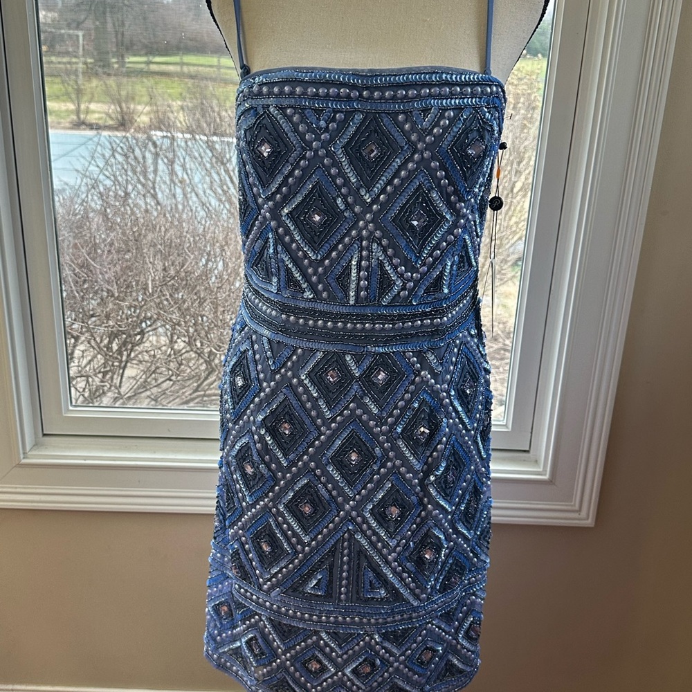 NWT Adrianna Papell Blue Strapless Beaded Mini Dress